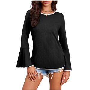 Womens Long Bell Sleeve Shirts Crewneck Rib Knit Tops